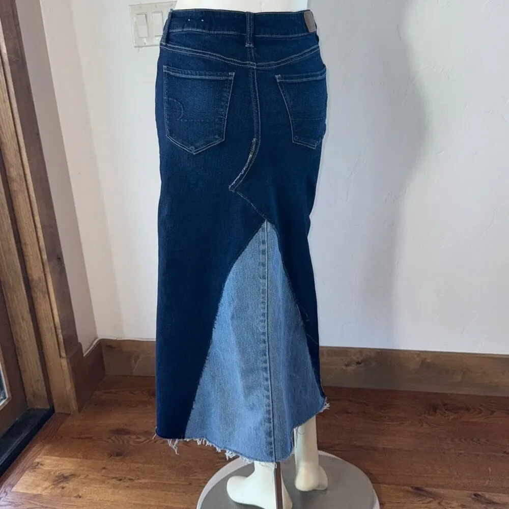 Up cycled‎ Bohemian Two Tone Blue Raw Hem Long Stretch Denim Maxi Skirt Size 6